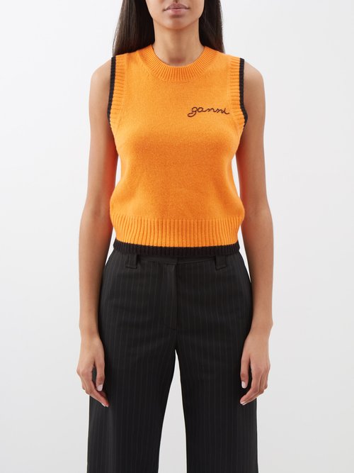 Ganni - Logo-sequinned Merino-blend Vest - Womens - Orange