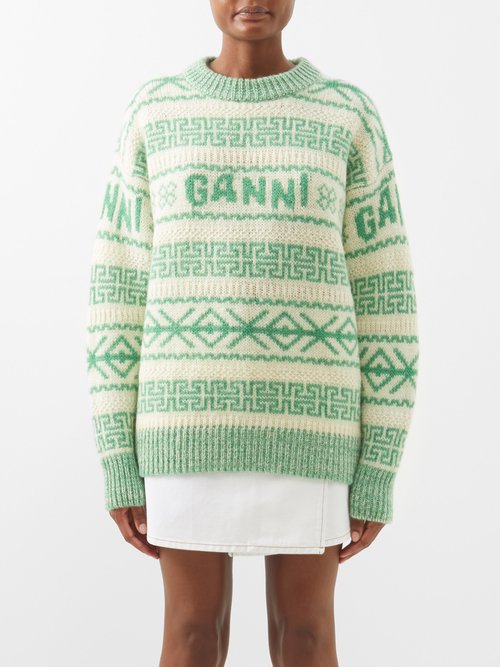 Ganni - Logo-jacquard Organic-wool Sweater - Womens - Green White