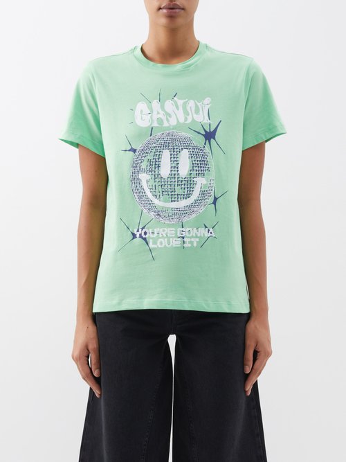 Ganni - Disco Smiley-print Organic Cotton-jersey T-shirt - Womens - Light Green