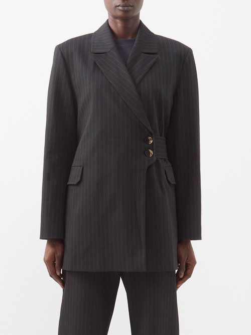 Ganni Pinstriped Twill Suit Jacket In Black