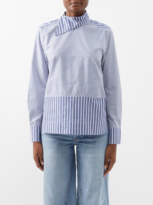 Ganni - Asymmetric-collar Striped Cotton-twill Shirt - Womens - Grey Blue