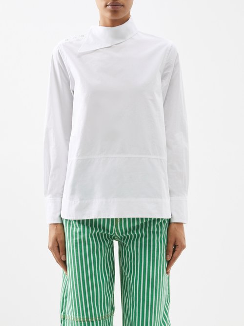 Ganni - Asymmetric-collar Organic Cotton-poplin Shirt - Womens - Optical White