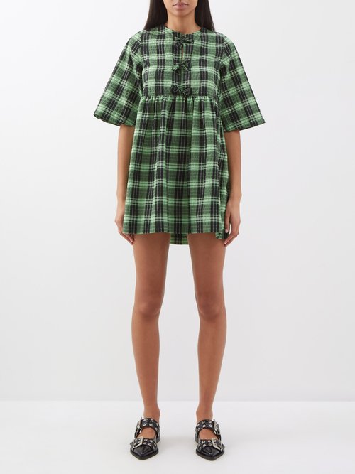 Ganni - Checked Organic Cotton-blend Seersucker Mini Dress - Womens - Green Multi