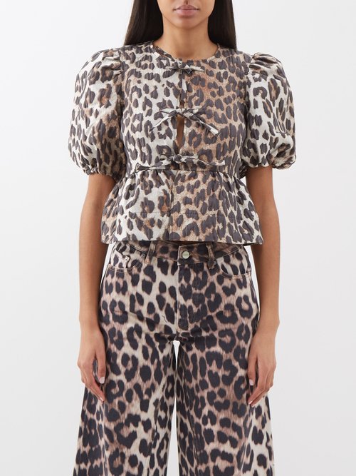 Ganni - Puff-sleeved Leopard-print Twill Top - Womens - Leopard Print