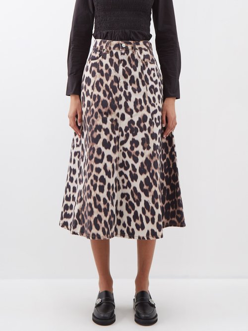 Ganni - Leopard-print Organic-cotton Denim Skirt - Womens - Leopard Print