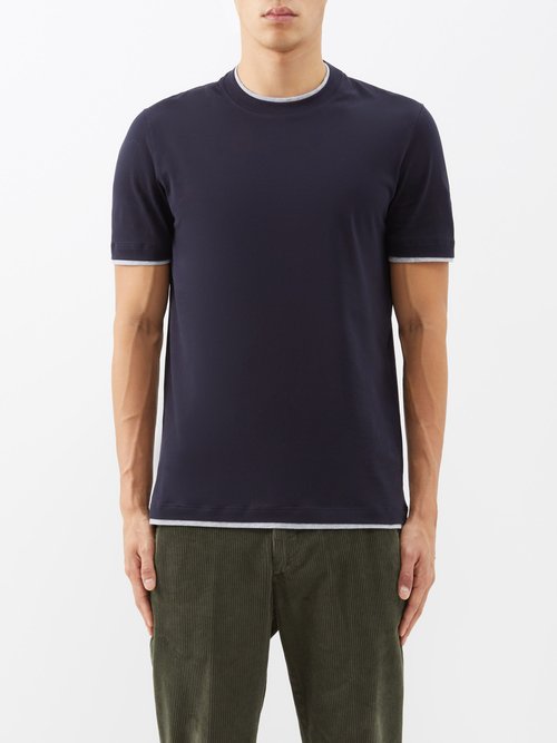 Brunello Cucinelli - Layered-trim Cotton-jersey T-shirt - Mens - Dark Blue
