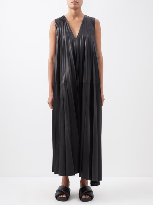 Joseph - Garratt Asymmetric Pleated Leather Dress - Womens - Black