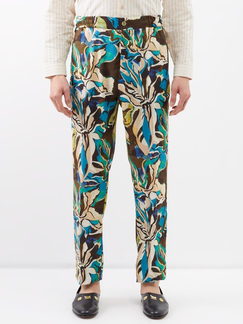 Etro Botanical-print Elasticated Linen Trousers