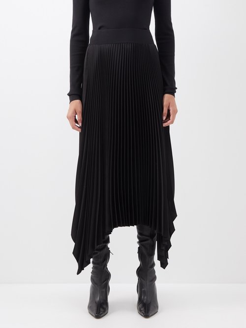 Joseph - Asymmetric Plissé Crepe Midi Skirt - Womens - Black