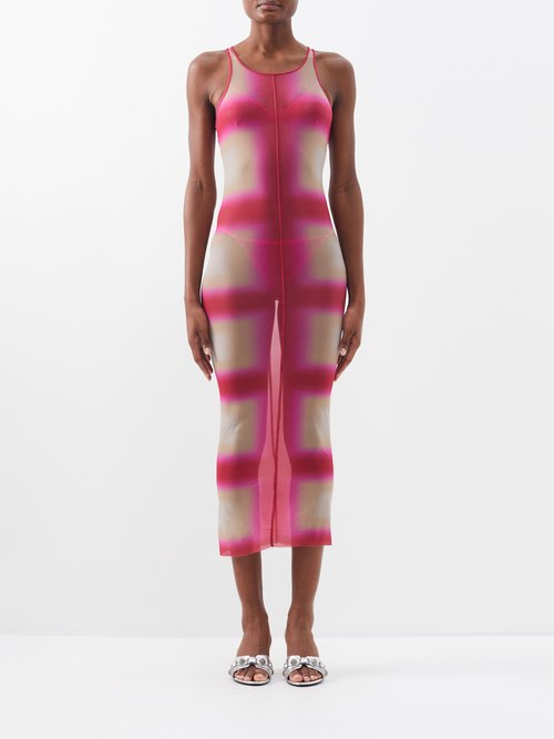 Rick Owens - Racerback Plaid-print Jersey Midi Dress - Womens - Pink Print
