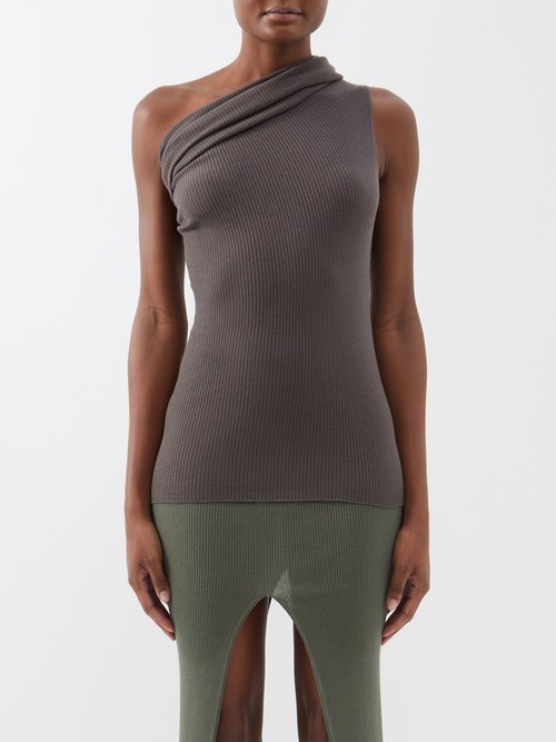 Rick Owens One-shoulder Ribbed-knit Wool Top In Military Green