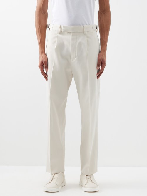 Zegna - Pleated Cotton-blend Twill Trousers - Mens - Cream