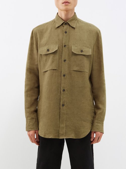 Brioni - Flap-pocket Linen Shirt - Mens - Brown
