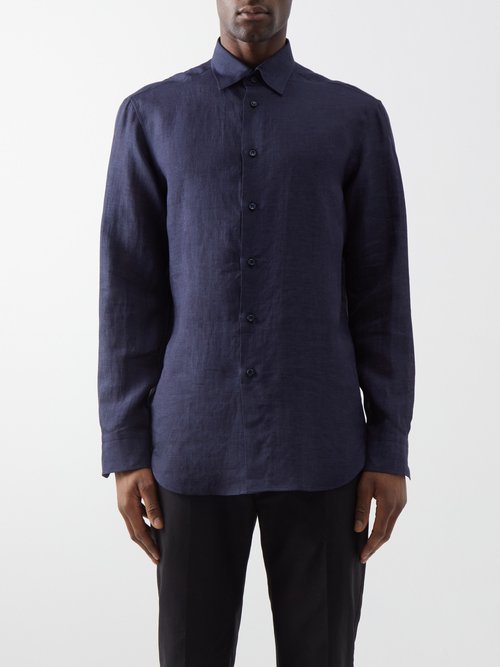 Brioni - Point-collar Linen Shirt - Mens - Dark Blue