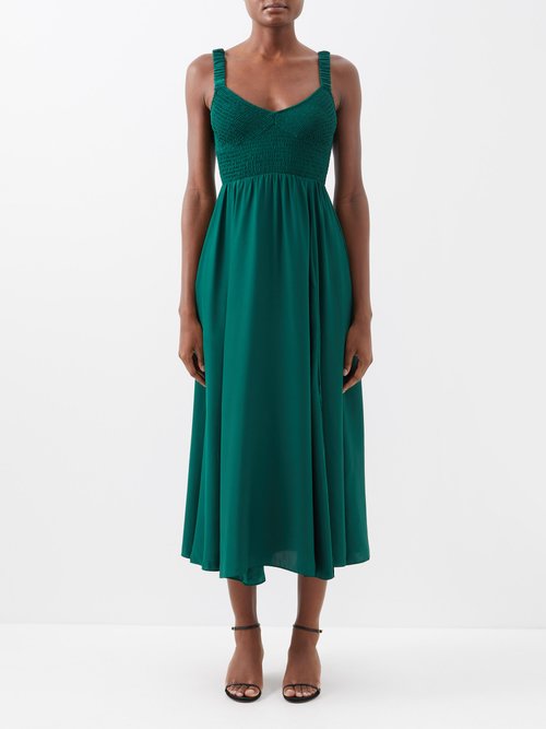 La Ligne - Sarah Smocked-bodice Silk Dress - Womens - Dark Green