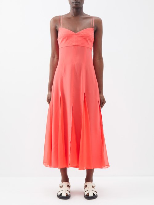 La Ligne - Luca Godet-pleated Silk Midi Dress - Womens - Coral