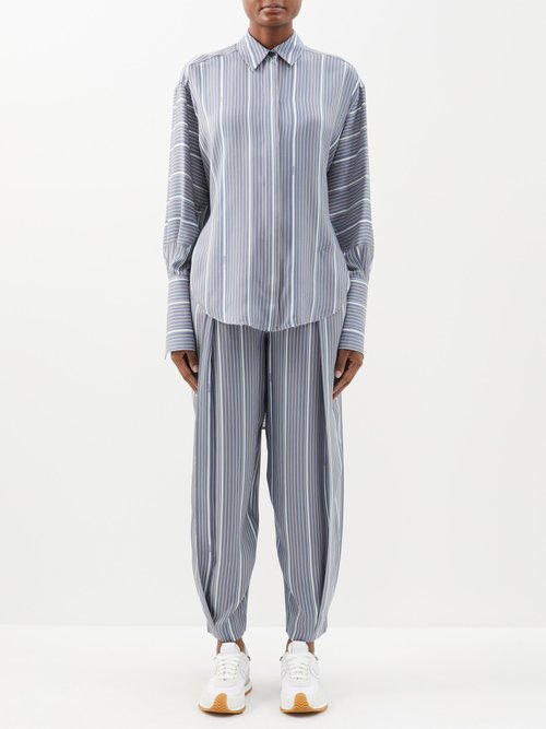Loewe - Dipped-hem Striped Silk Shirt - Womens - Grey