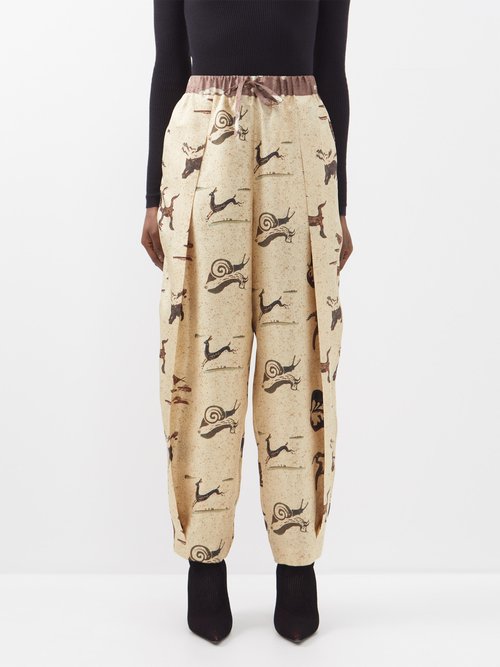 Loewe - Animal-print Silk-crepe Trousers - Womens - Beige Multi