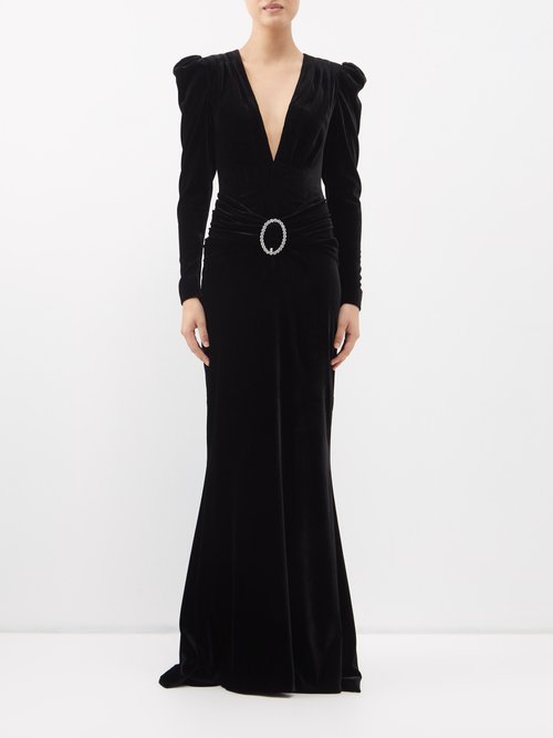 Alessandra Rich Crystal-embellished Plunging Velvet Gown