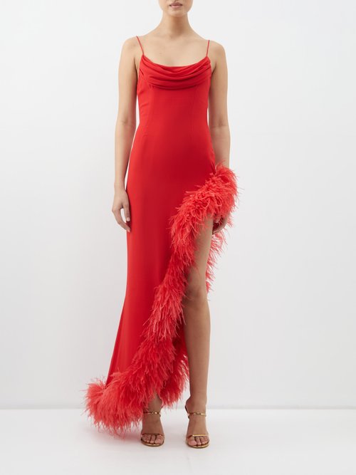 Alessandra Rich Asymmetric Feather-trim Silk-georgette Gown