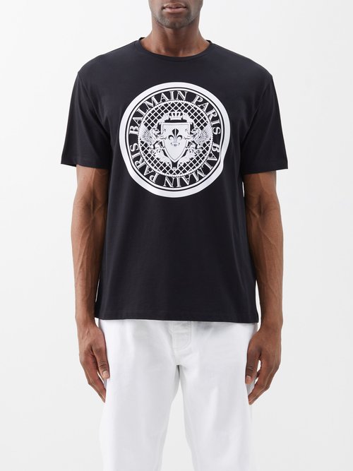 Balmain - Flocked-logo Cotton-jersey T-shirt - Mens - Black Ivory