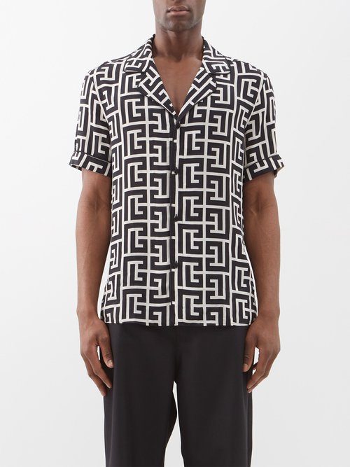 Balmain - Monogram-print Twill Short-sleeved Shirt - Mens - Ivory Black