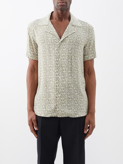 Balmain - Pyramid-monogram Twill Short-sleeved Shirt - Mens - Beige Multi