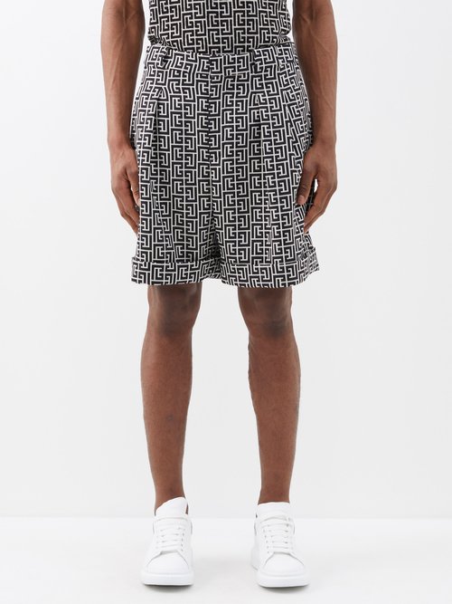 Balmain - Monogram-jacquard Wool Bermuda Shorts - Mens - Ivory Black