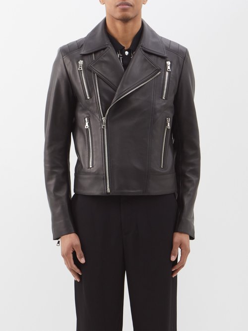 Balmain - Asymmetric-zip Leather Biker Jacket - Mens - Black