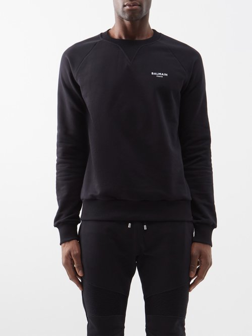 Balmain Flocked-logo Organic-cotton Jersey Sweatshirt In Black White