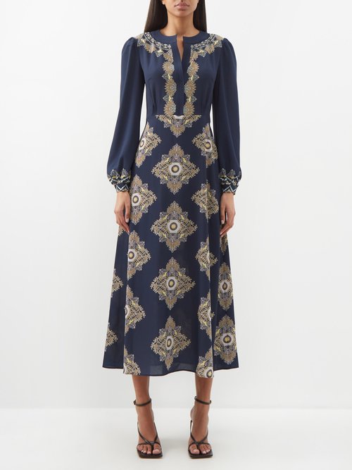 Etro - Geometric-jacquard Midi Dress - Womens - Blue
