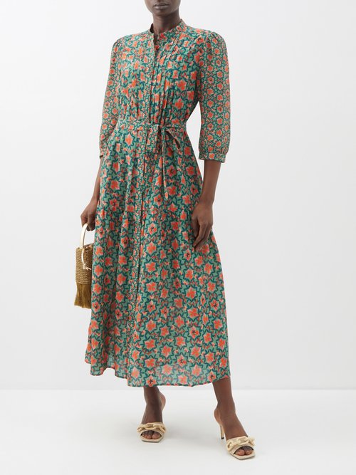 Saloni - Remi-c Floral-print Tie-waist Silk Midi Dress - Womens - Green ...