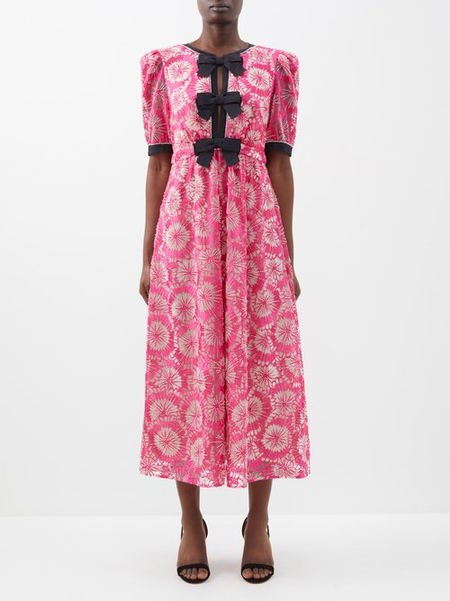 Saloni - Jamie-c Bow-embellished Embroidered Dress - Womens - Pink Black