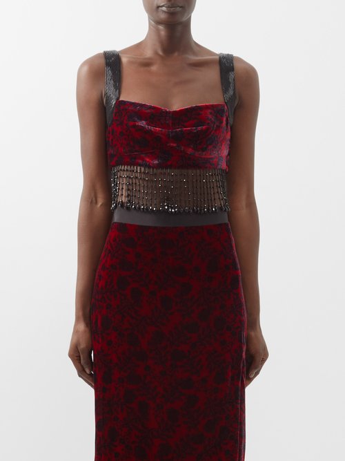 Saloni - Rachel Choli Bead-embroidered Velvet Bustier Top - Womens - Red Black