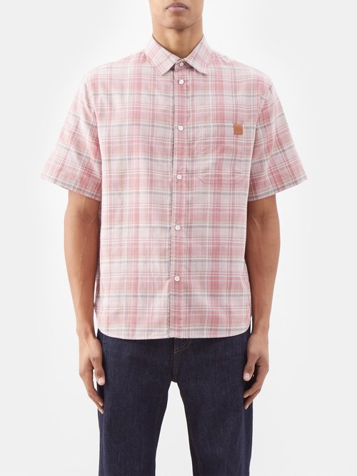 Loewe Anagram-patch Checked Boxy-fit Woven Shirt In Pink/brown
