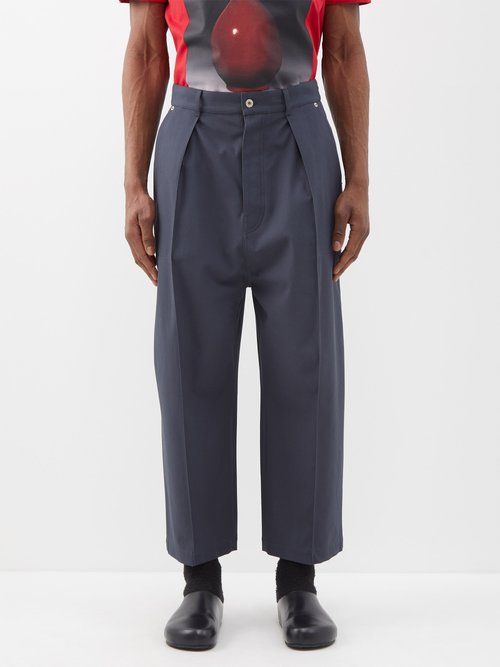 Loewe - Pleated Cotton Wide-leg Trousers - Mens - Dark Blue