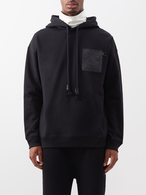 Loewe Anagram Leather-trimmed Cotton-jersey Hoodie In Black