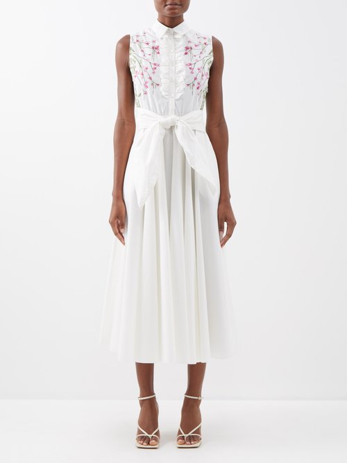 Giambattista Valli - Willow-print Ruffled Cotton-poplin Shirt Dress - Womens - White Pink