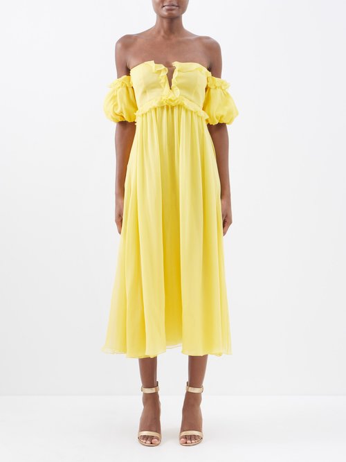 Giambattista Valli - Off-the-shoulder Silk-georgette Midi Dress - Womens - Yellow