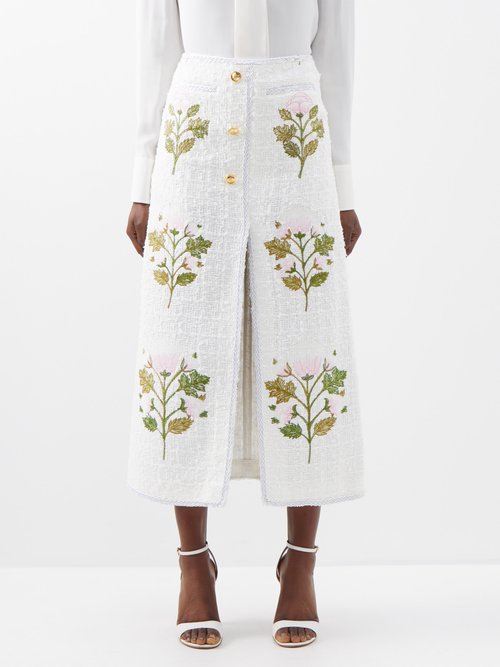 Giambattista Valli - Rose-embroidered Cotton-blend Bouclé Midi Skirt - Womens - Ivory Multi