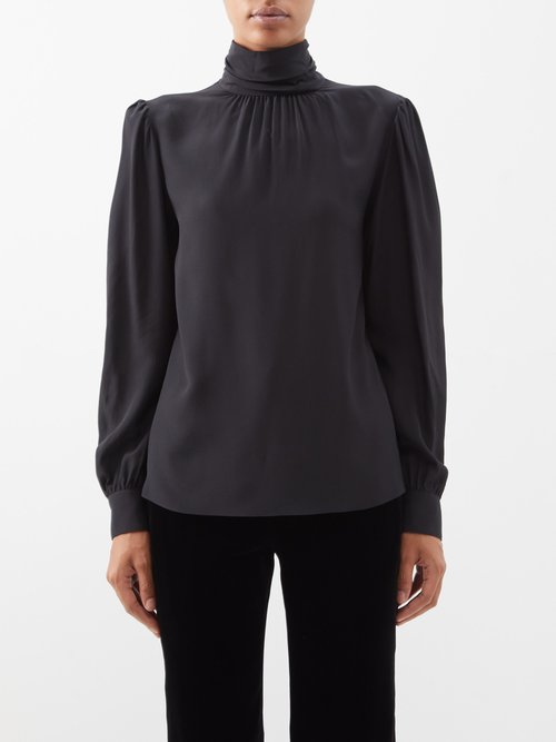 Saint Laurent High-neck Draped Silk-crepe Blouse In Black
