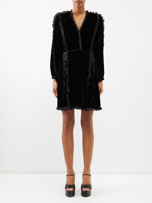 Ulla Johnson Ariane Ruffled Velvet Midi Dress In Black | ModeSens