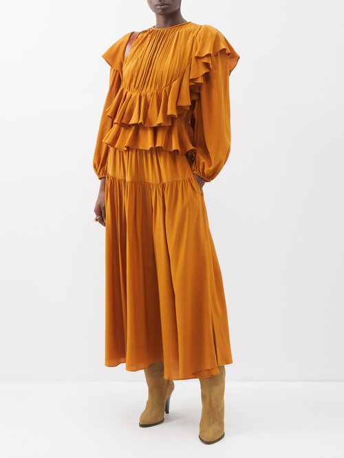 Ulla Johnson Meja Pleated Panelled Silk Midi Skirt In Mustard | ModeSens