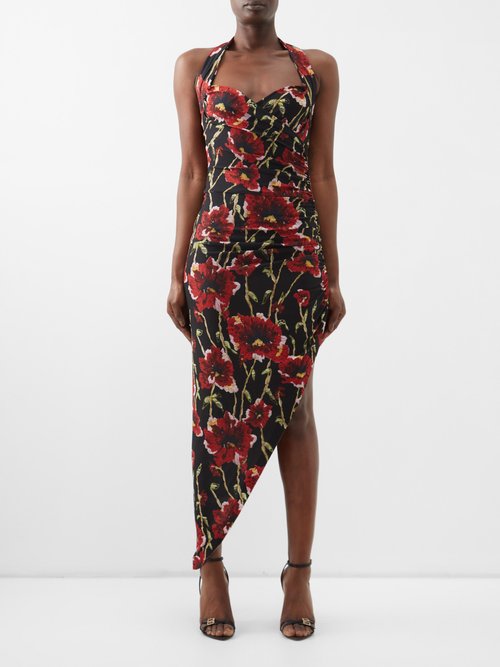 Norma Kamali - Cayla Poppy-print Halterneck Jersey Dress - Womens - Black Red