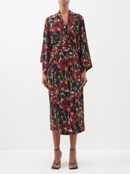 Norma Kamali - Poppy-print Jersey Wrap Midi Dress - Womens - Black Red