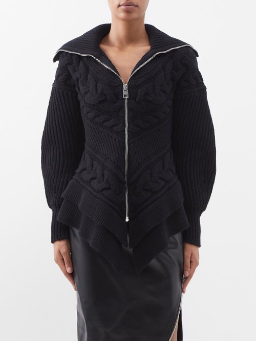Alexander Mcqueen - Zipped Peplum-hem Rib-knit Wool Cardigan - Womens - Black