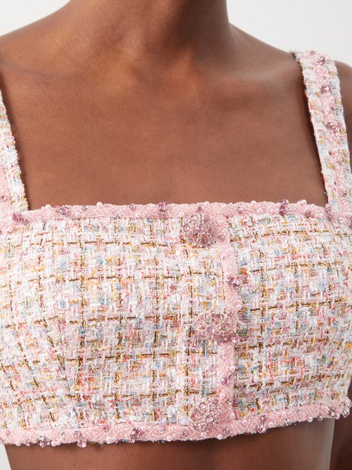 Self-portrait Boucle-weave Button-embellished Woven Top In Pink 