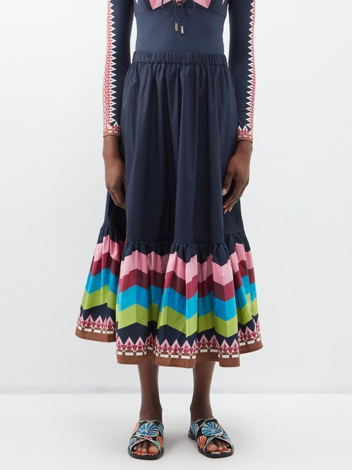 La DoubleJ Sunset-print Cotton-poplin Midi Skirt