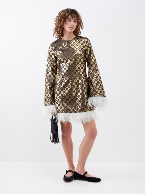 la doublej - twiggy feather-trim leopard-brocade mini dress womens gold multi