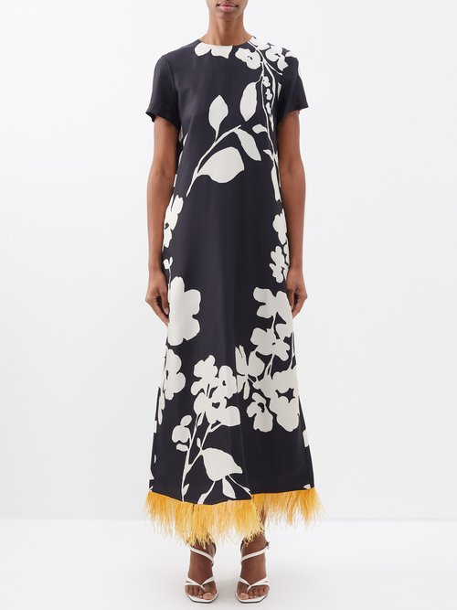 La DoubleJ Swing Feather-trimmed Printed Silk-twill Dress